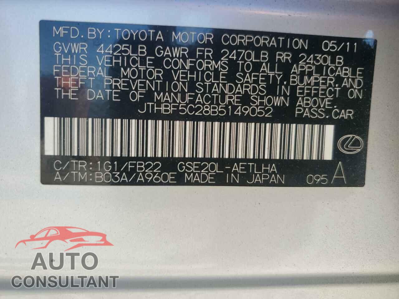 LEXUS IS 2011 - JTHBF5C28B5149052