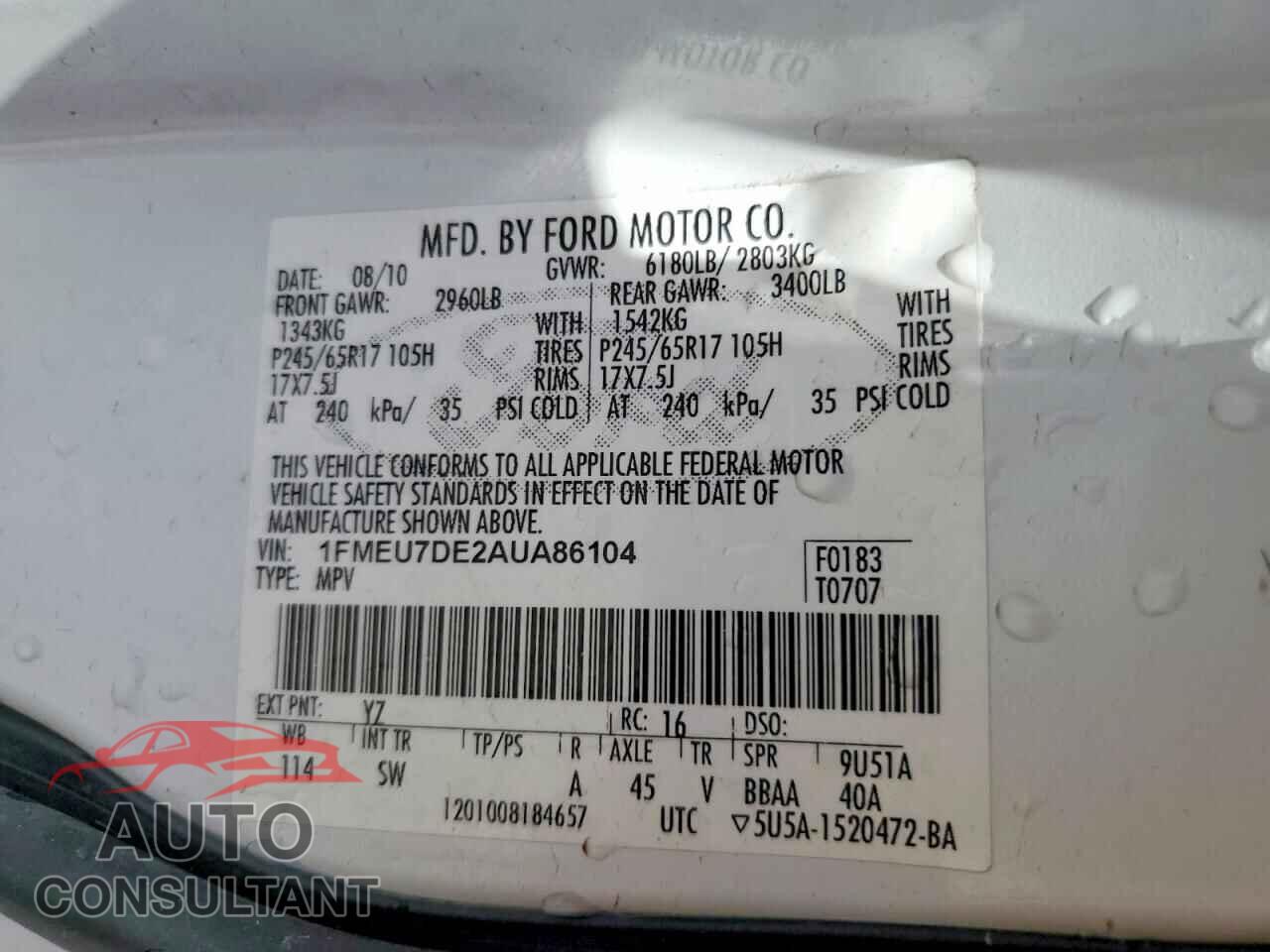 FORD EXPLORER 2010 - 1FMEU7DE2AUA86104