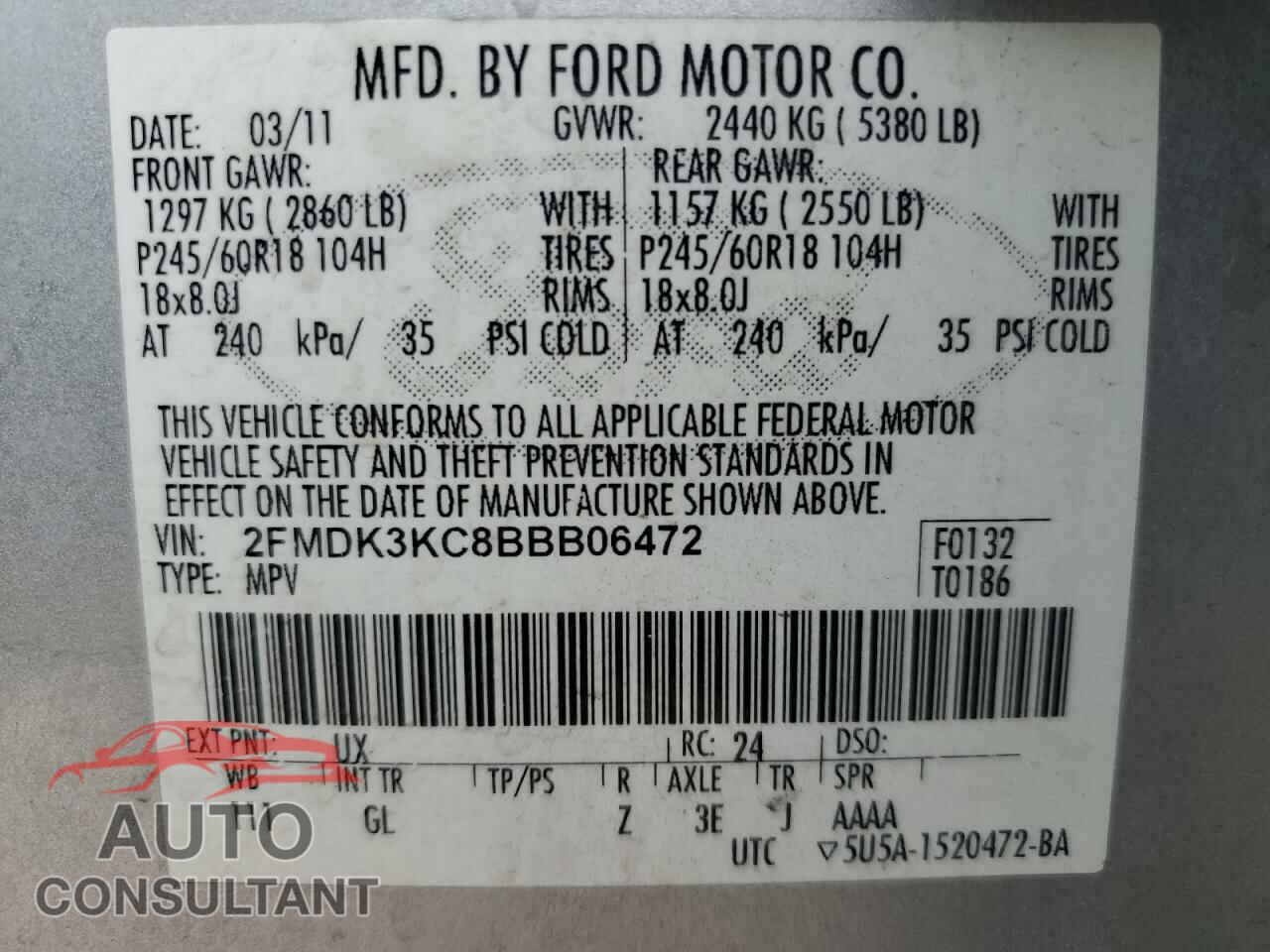 FORD EDGE 2011 - 2FMDK3KC8BBB06472