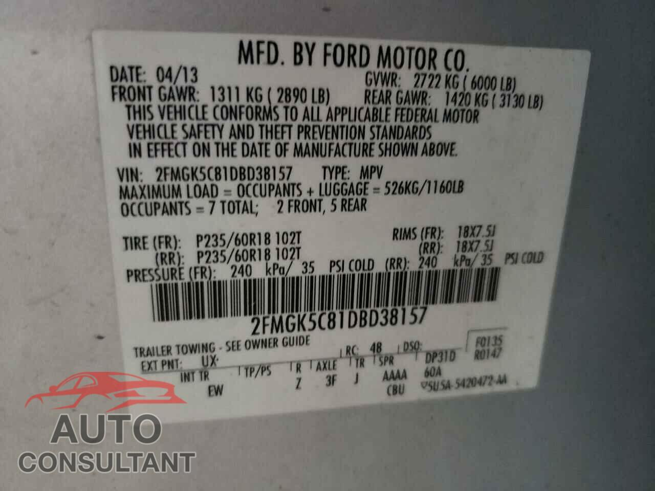 FORD FLEX 2013 - 2FMGK5C81DBD38157