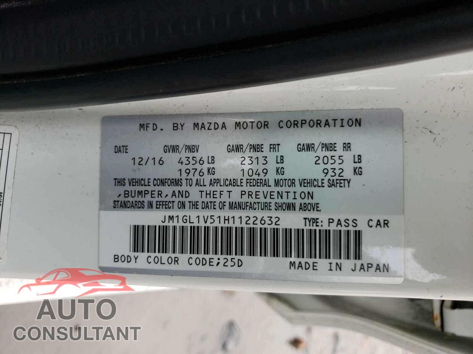 MAZDA 6 2017 - JM1GL1V51H1122632