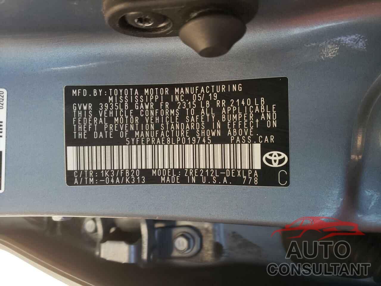 TOYOTA COROLLA 2020 - 5YFEPRAE8LP019745