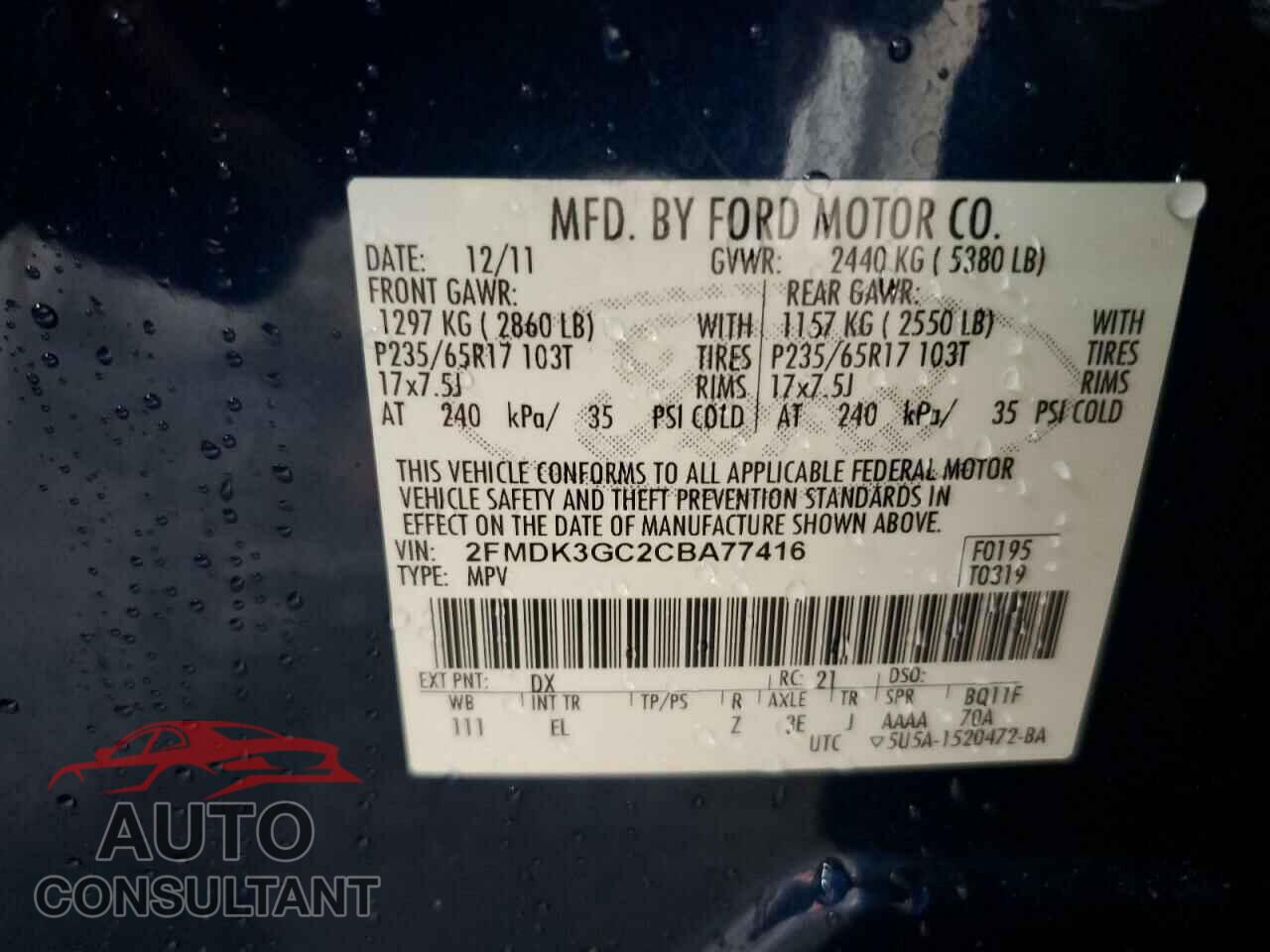 FORD EDGE 2012 - 2FMDK3GC2CBA77416