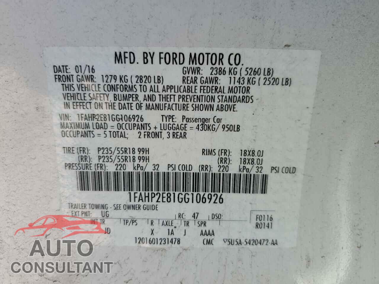 FORD TAURUS 2016 - 1FAHP2E81GG106926