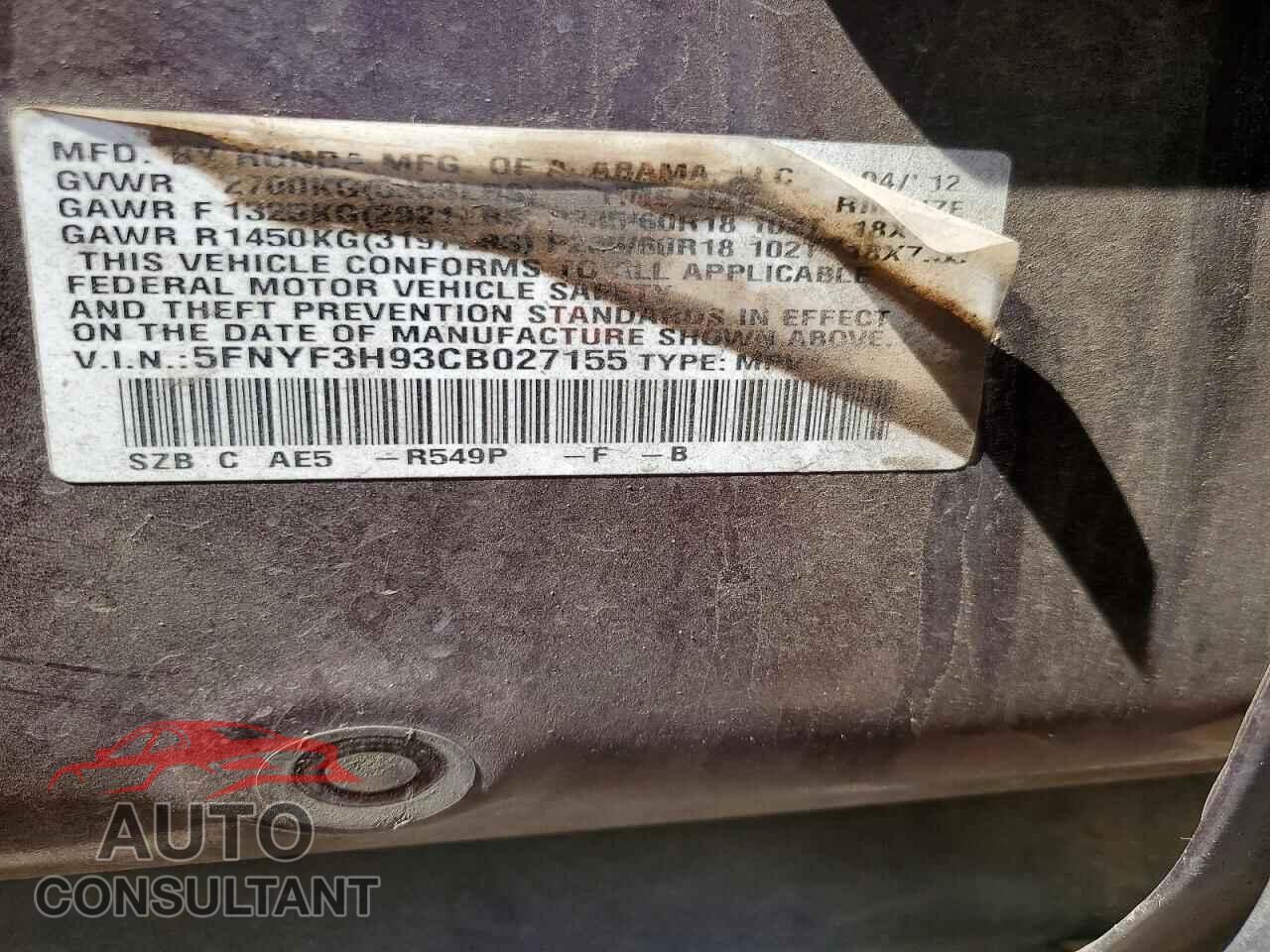 HONDA PILOT 2012 - 5FNYF3H93CB027155
