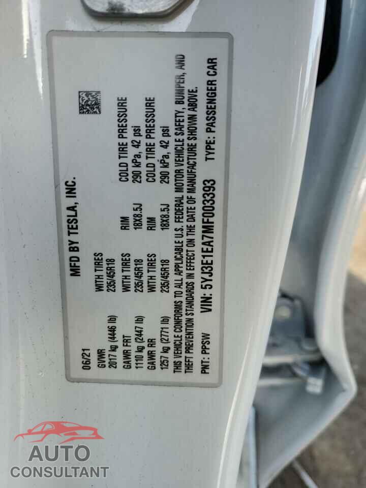 TESLA MODEL 3 2021 - 5YJ3E1EA7MF003393