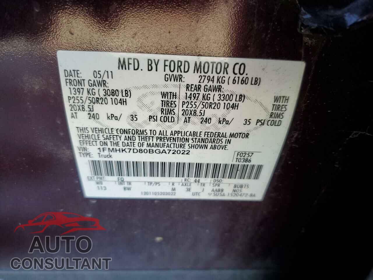 FORD EXPLORER 2011 - 1FMHK7D80BGA72022