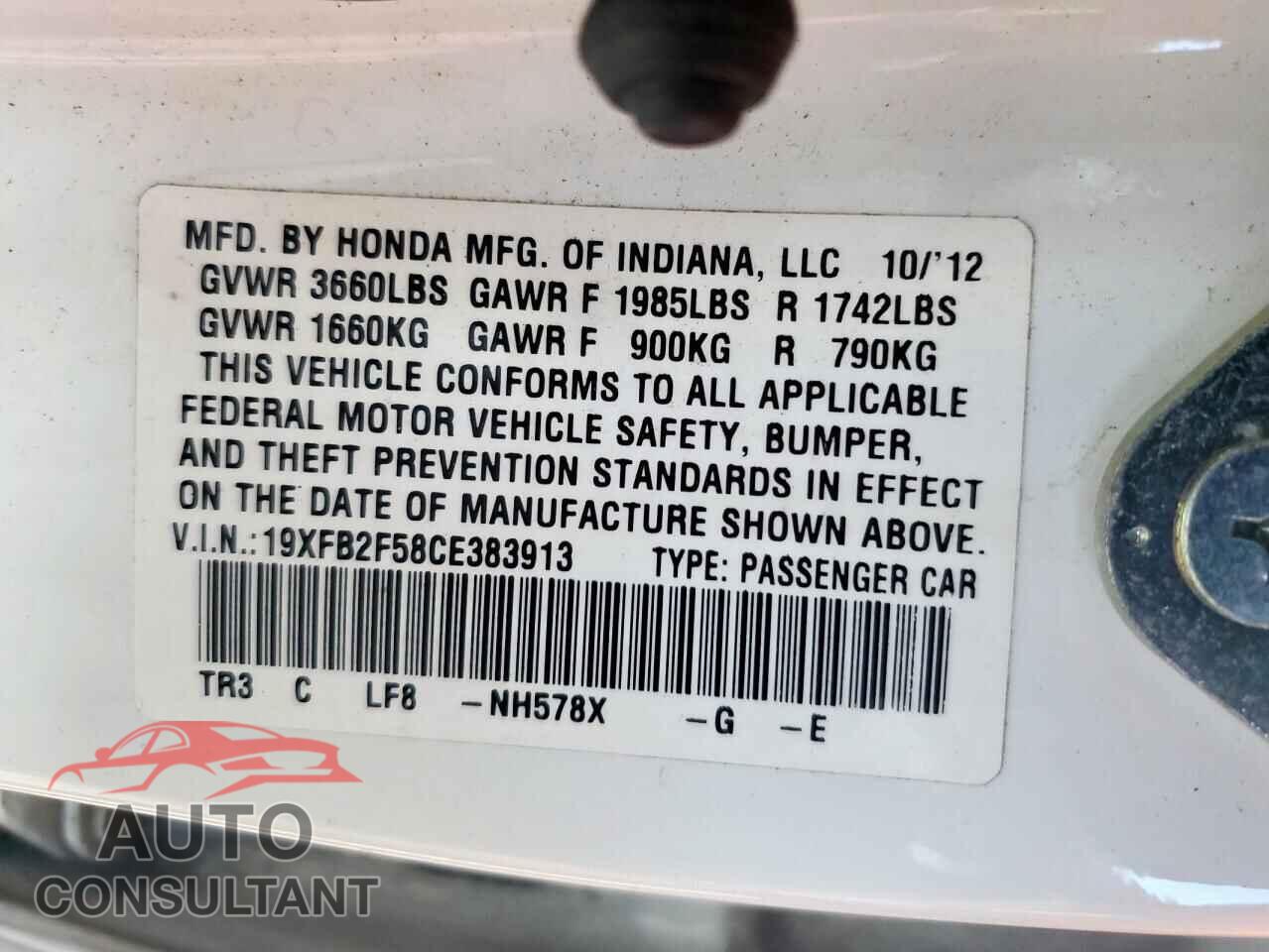 HONDA CIVIC 2012 - 19XFB2F58CE383913