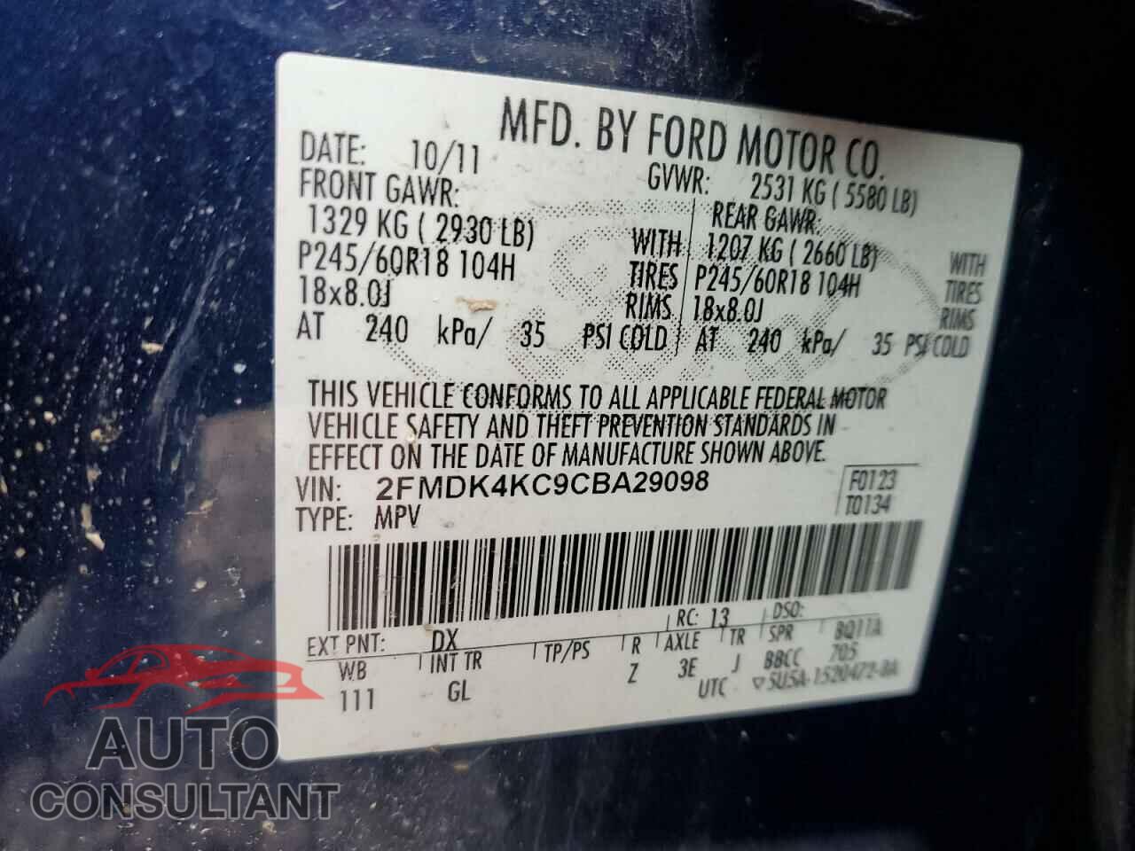 FORD EDGE 2012 - 2FMDK4KC9CBA29098
