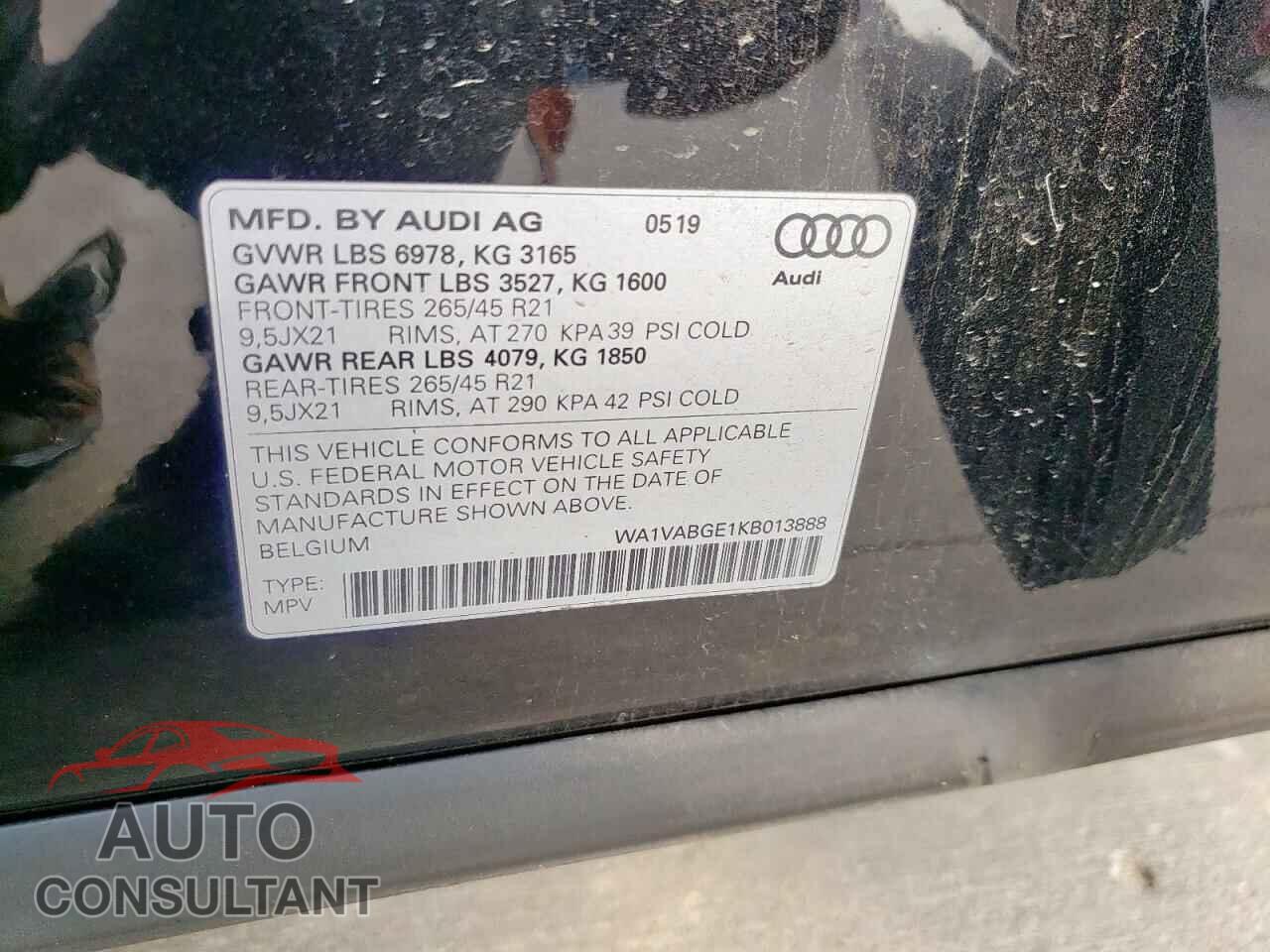 AUDI E-TRON 2019 - WA1VABGE1KB013888