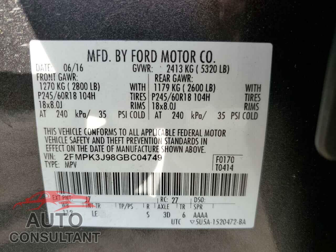 FORD EDGE 2016 - 2FMPK3J98GBC04749