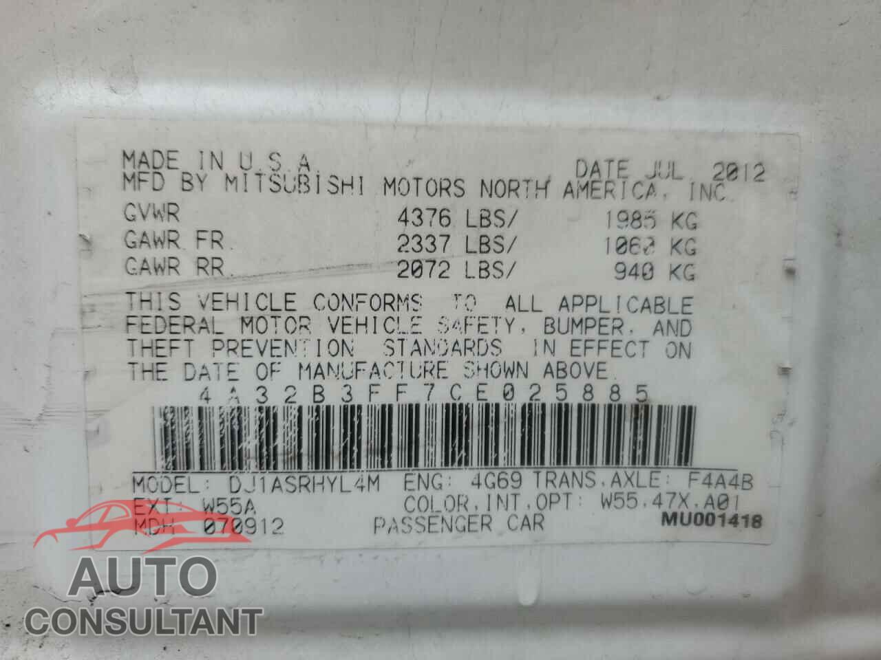 MITSUBISHI GALANT 2012 - 4A32B3FF7CE025885