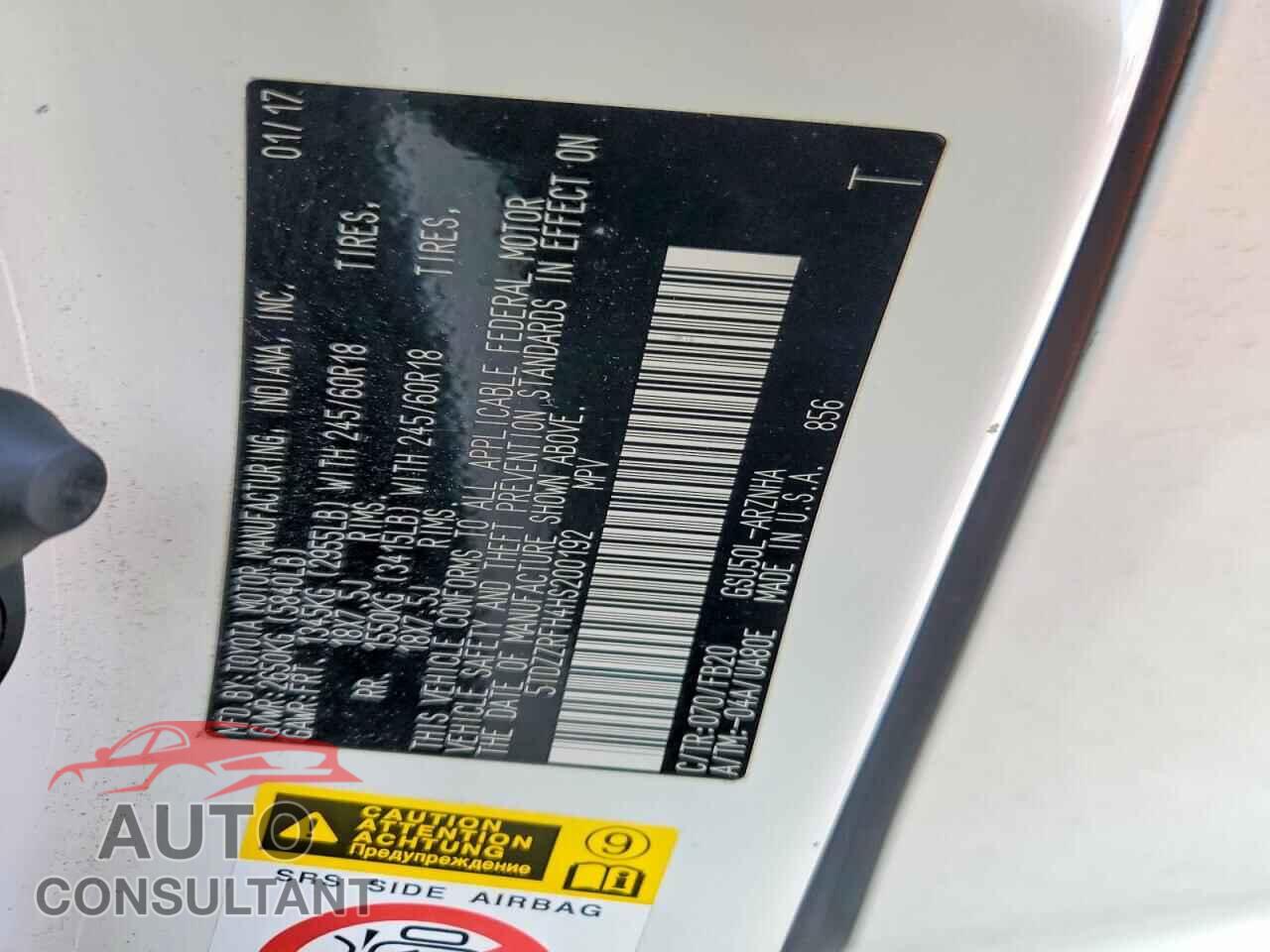 TOYOTA HIGHLANDER 2017 - 5TDZZRFH4HS200192