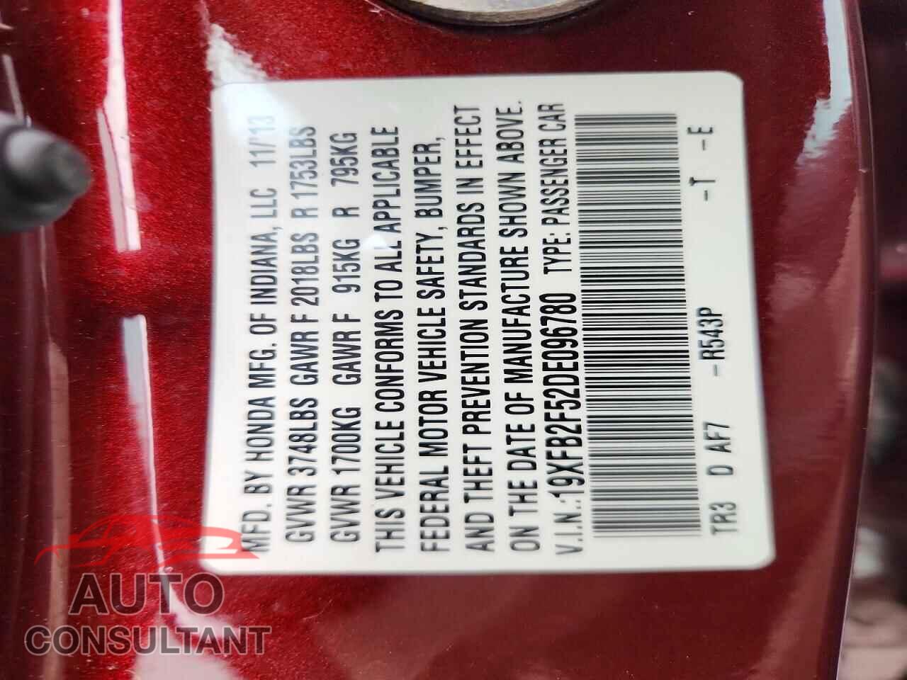 HONDA CIVIC 2013 - 19XFB2F52DE096780