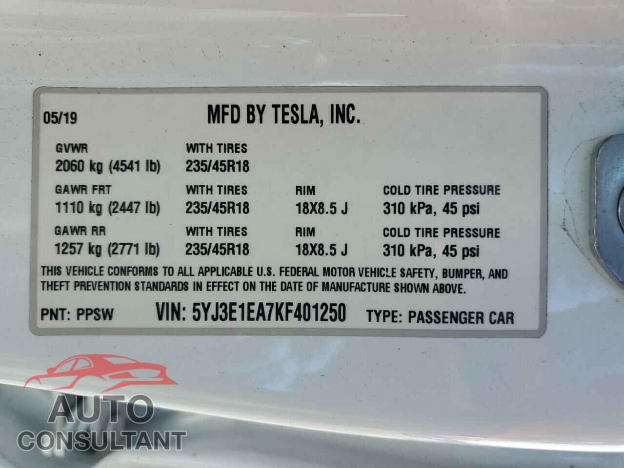 TESLA MODEL 3 2019 - 5YJ3E1EA7KF401250