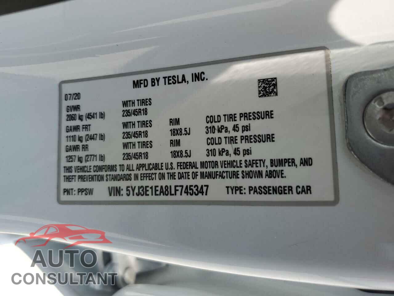TESLA MODEL 3 2020 - 5YJ3E1EA8LF745347