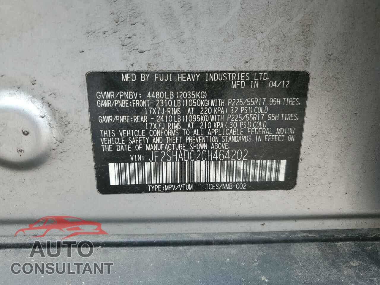 SUBARU FORESTER 2012 - JF2SHADC2CH464202