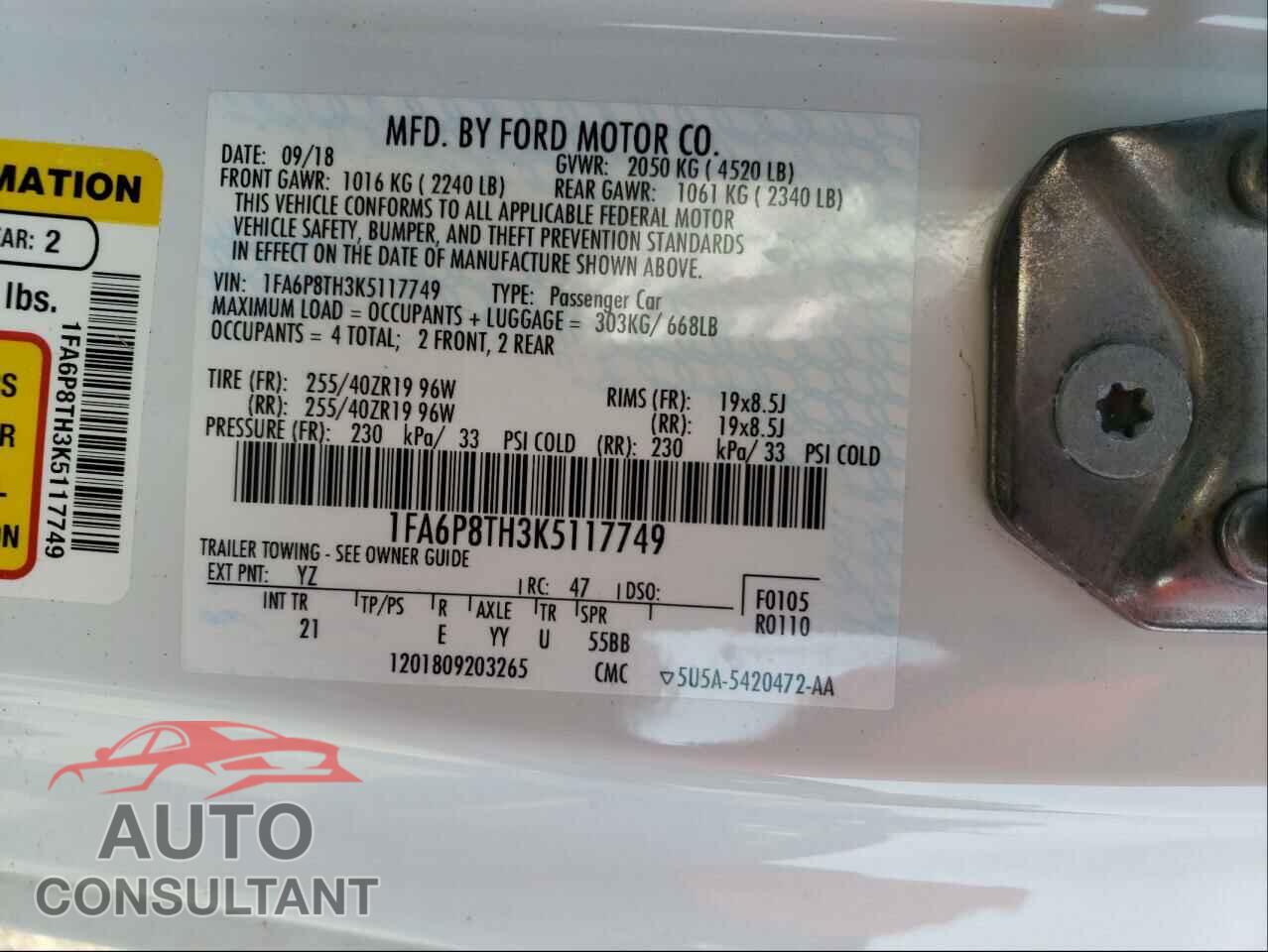 FORD MUSTANG 2019 - 1FA6P8TH3K5117749