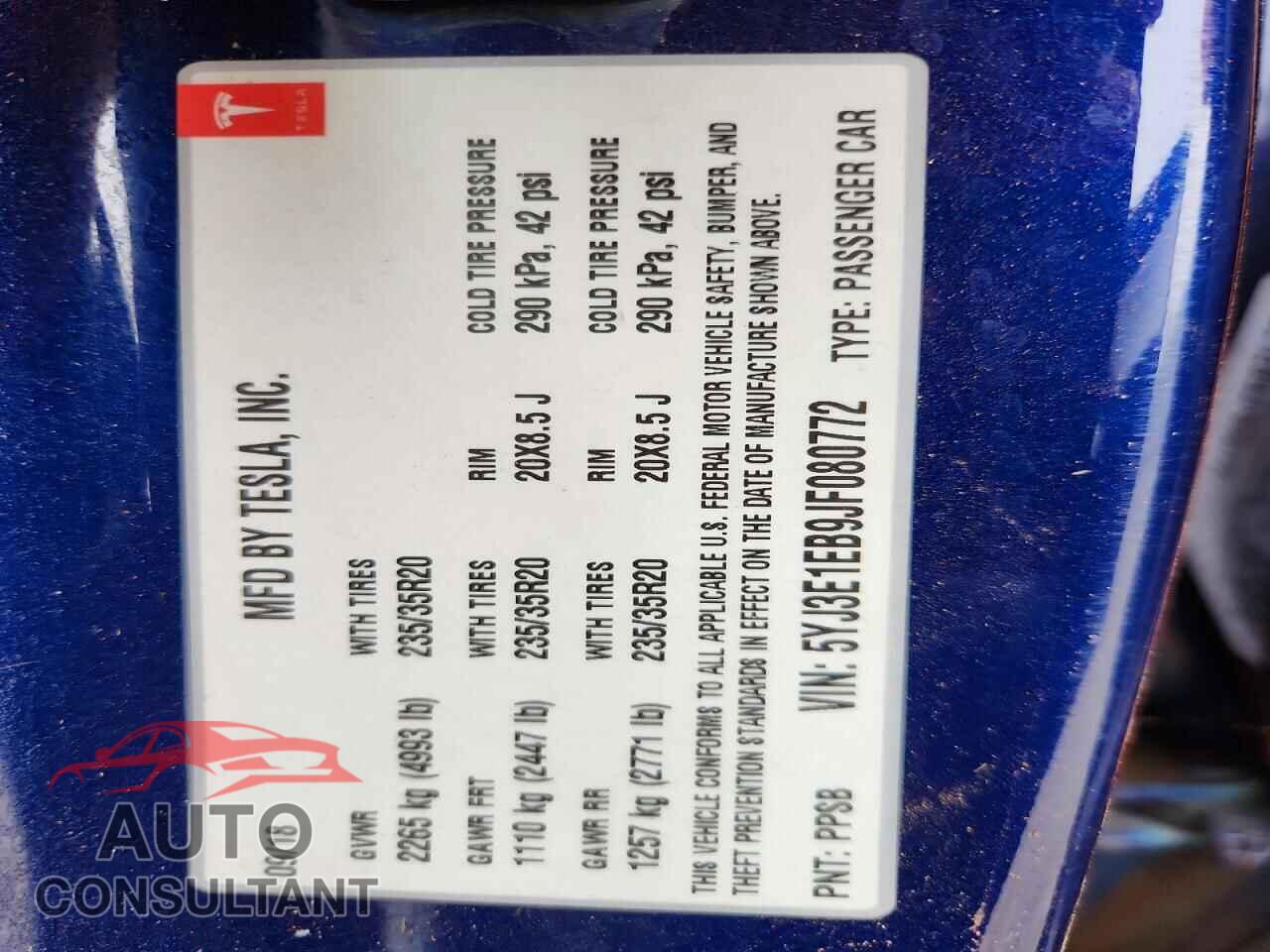 TESLA MODEL 3 2018 - 5YJ3E1EB9JF080772