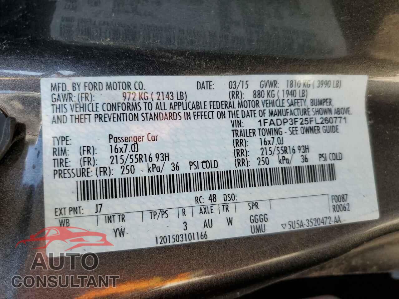 FORD FOCUS 2015 - 1FADP3F25FL260771