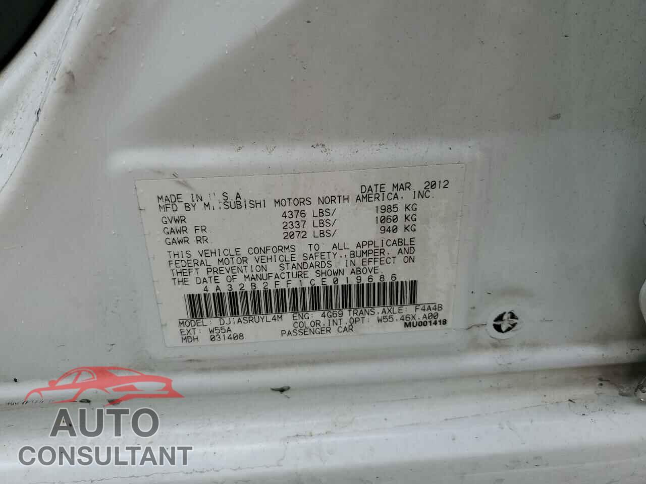 MITSUBISHI GALANT 2012 - 4A32B2FF1CE019686