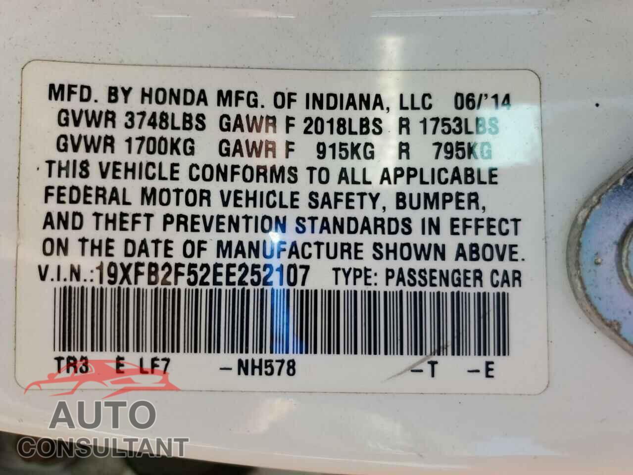 HONDA CIVIC 2014 - 19XFB2F52EE252107
