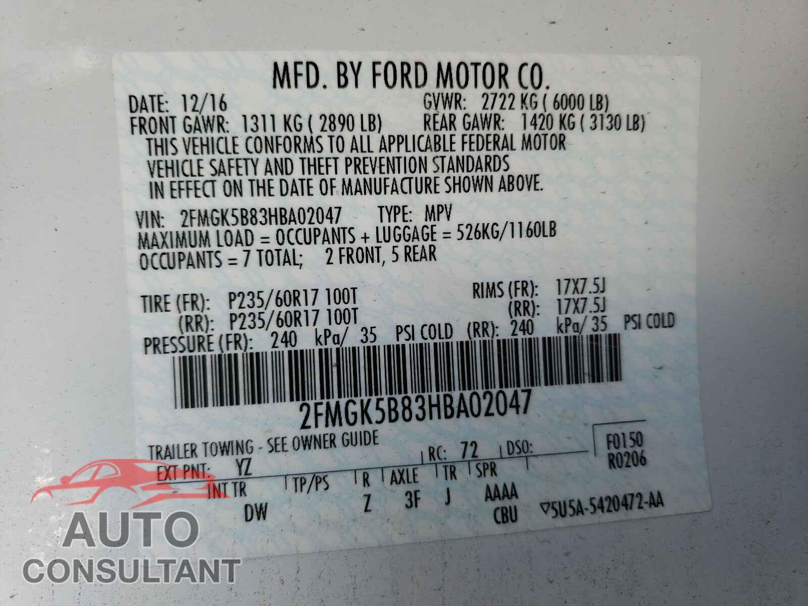 FORD FLEX 2017 - 2FMGK5B83HBA02047