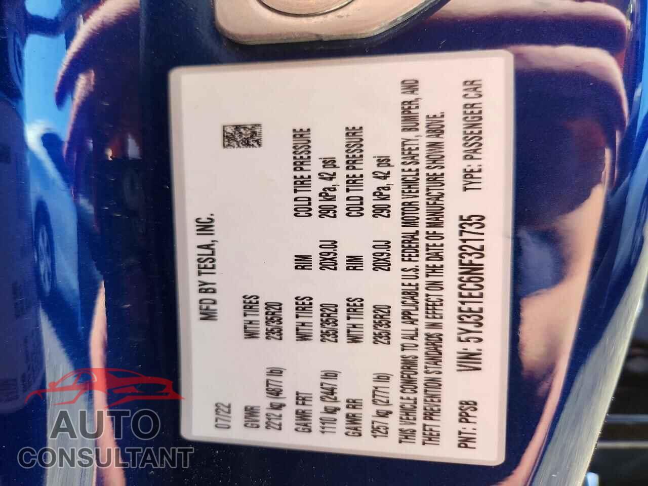 TESLA MODEL 3 2022 - 5YJ3E1EC6NF321735
