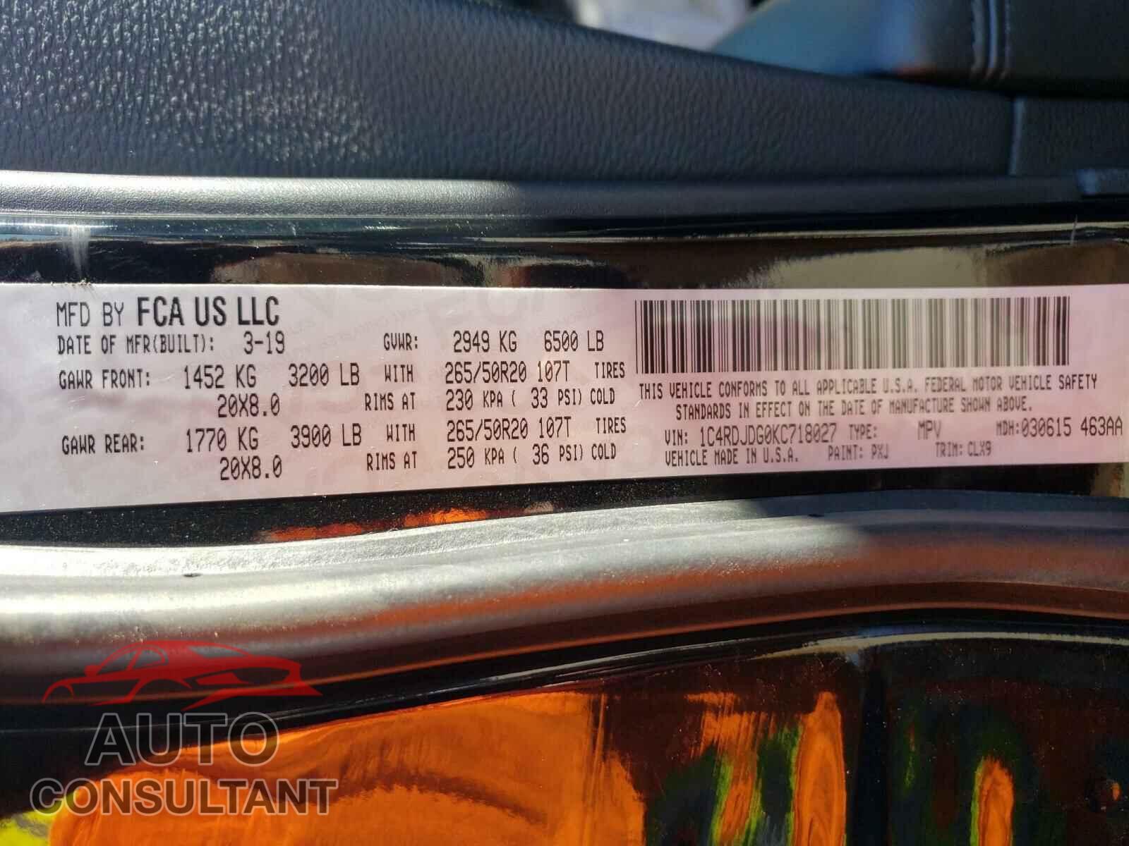DODGE DURANGO 2019 - 1C4RDJDG0KC718027