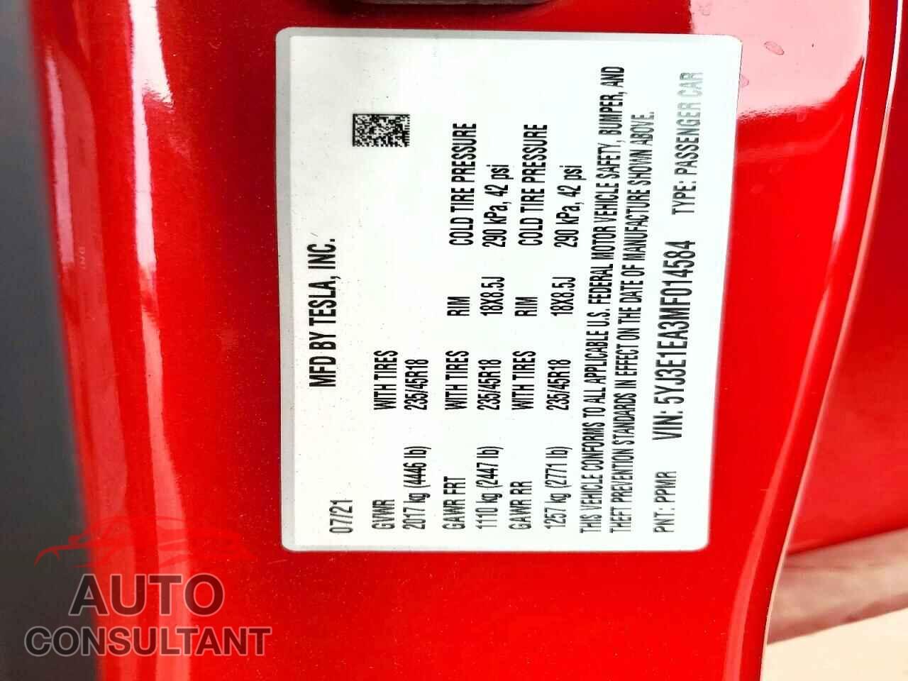TESLA MODEL 3 2021 - 5YJ3E1EA3MF014584