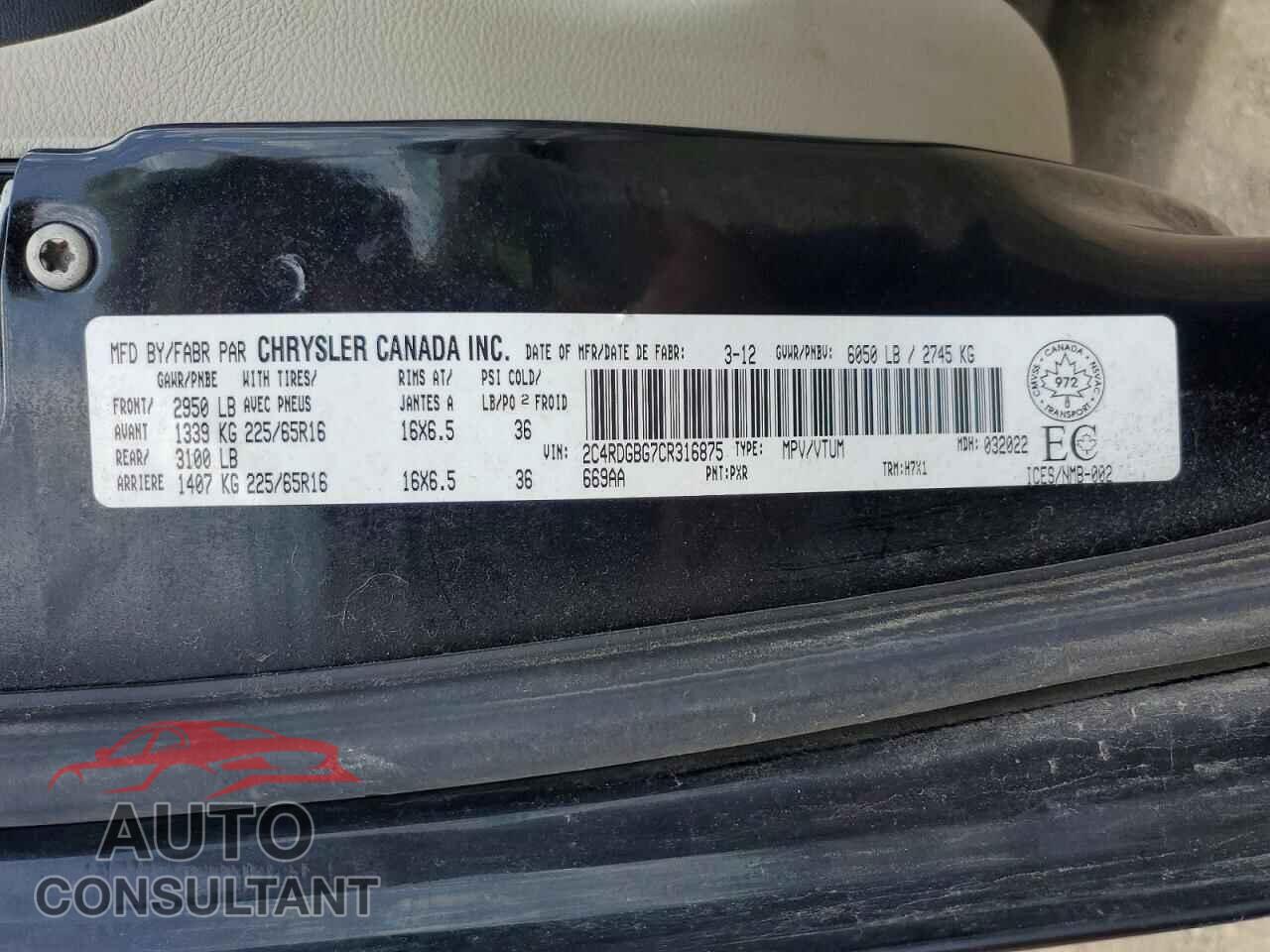 DODGE CARAVAN 2012 - 2C4RDGBG7CR316875