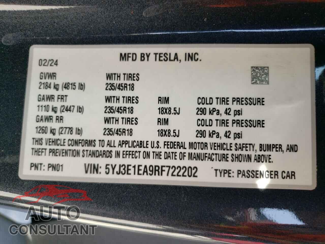 TESLA MODEL 3 2024 - 5YJ3E1EA9RF722202