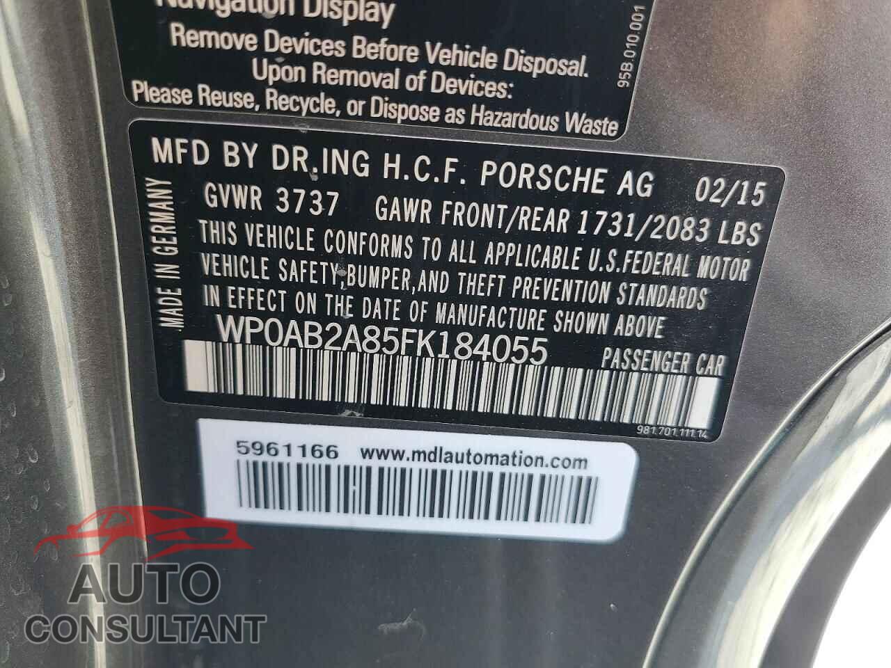PORSCHE CAYMAN 2015 - WP0AB2A85FK184055