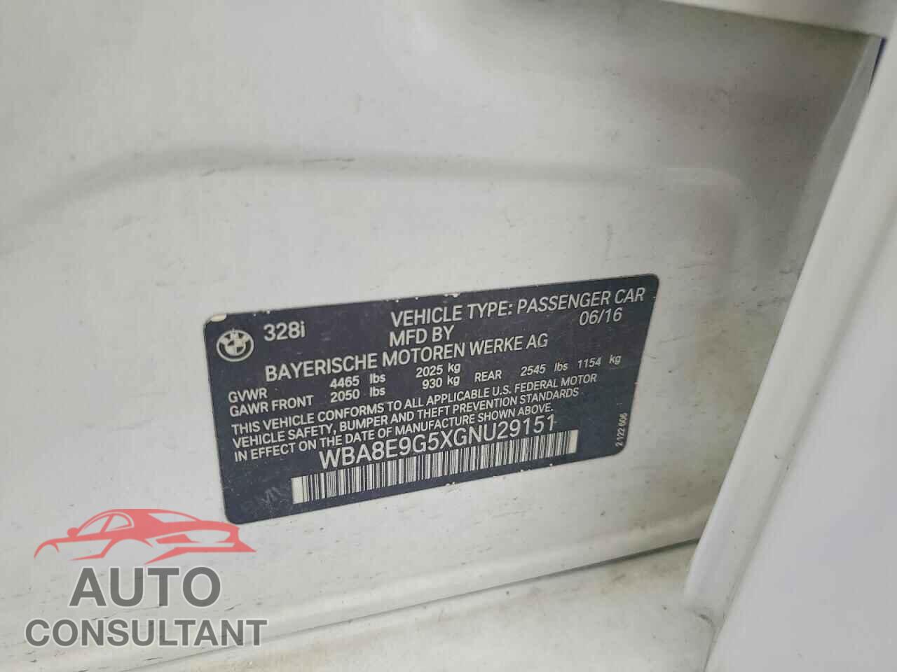 BMW 3 SERIES 2016 - WBA8E9G5XGNU29151
