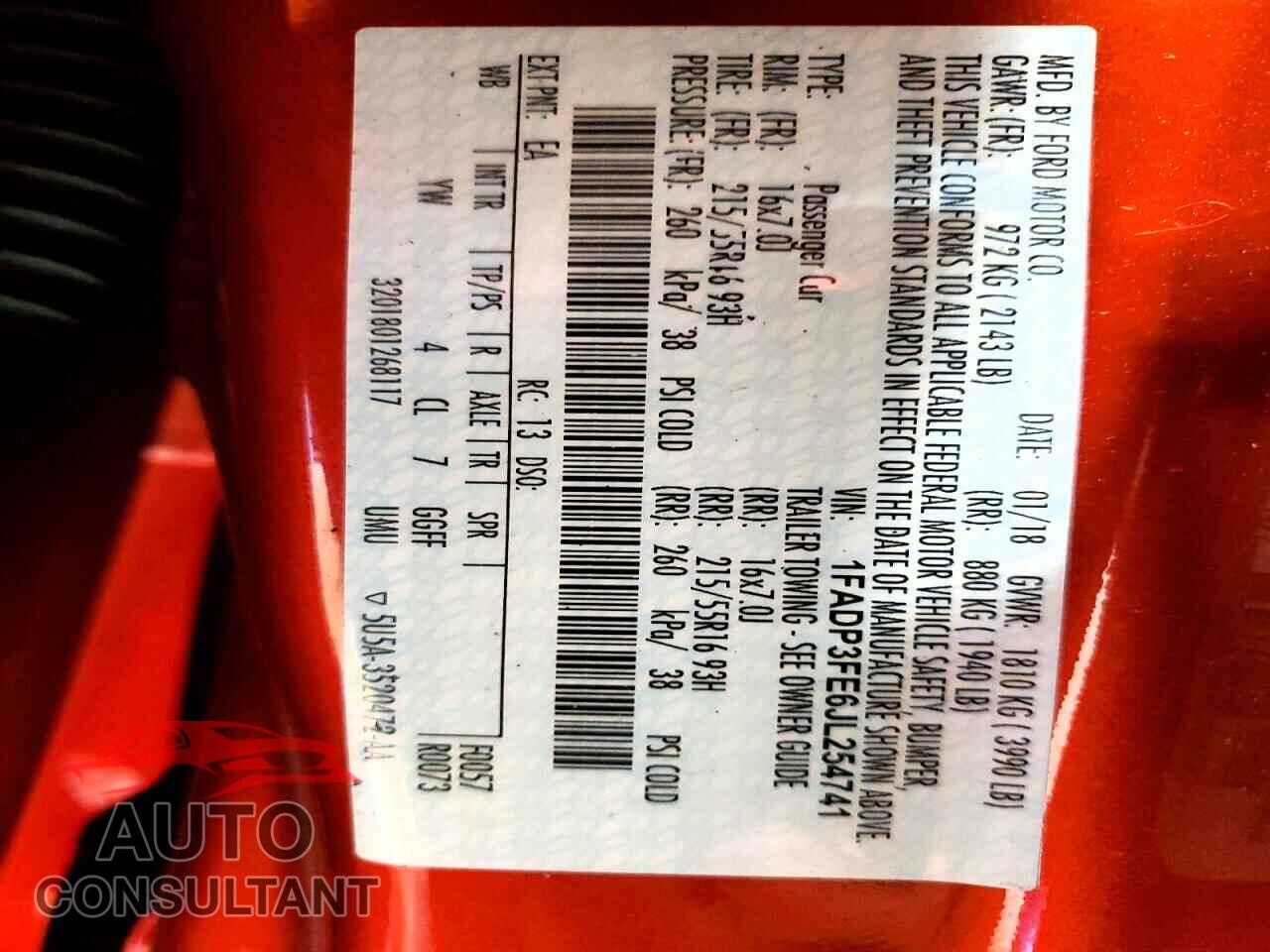 FORD FOCUS 2018 - 1FADP3FE6JL254741