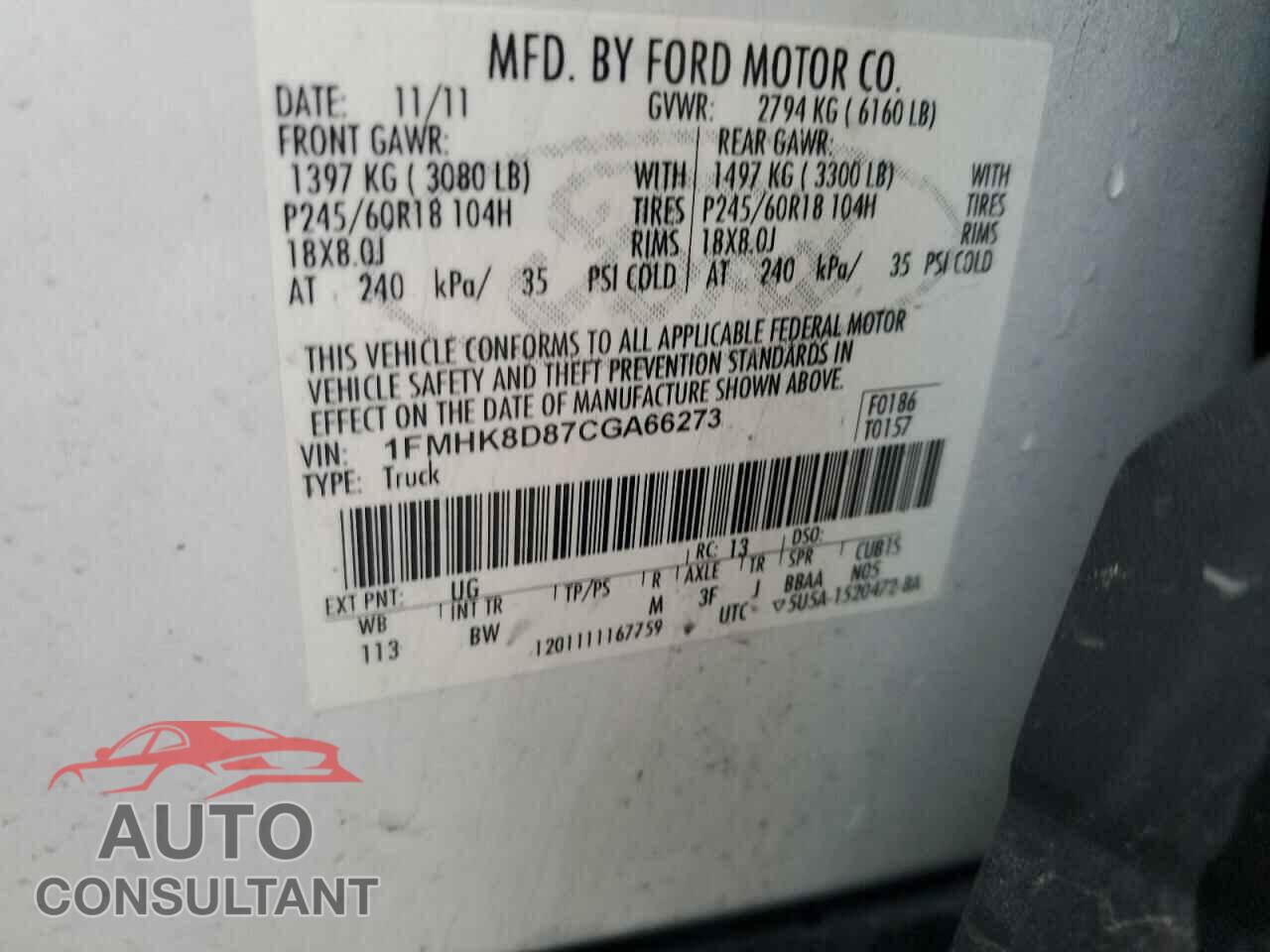FORD EXPLORER 2012 - 1FMHK8D87CGA66273