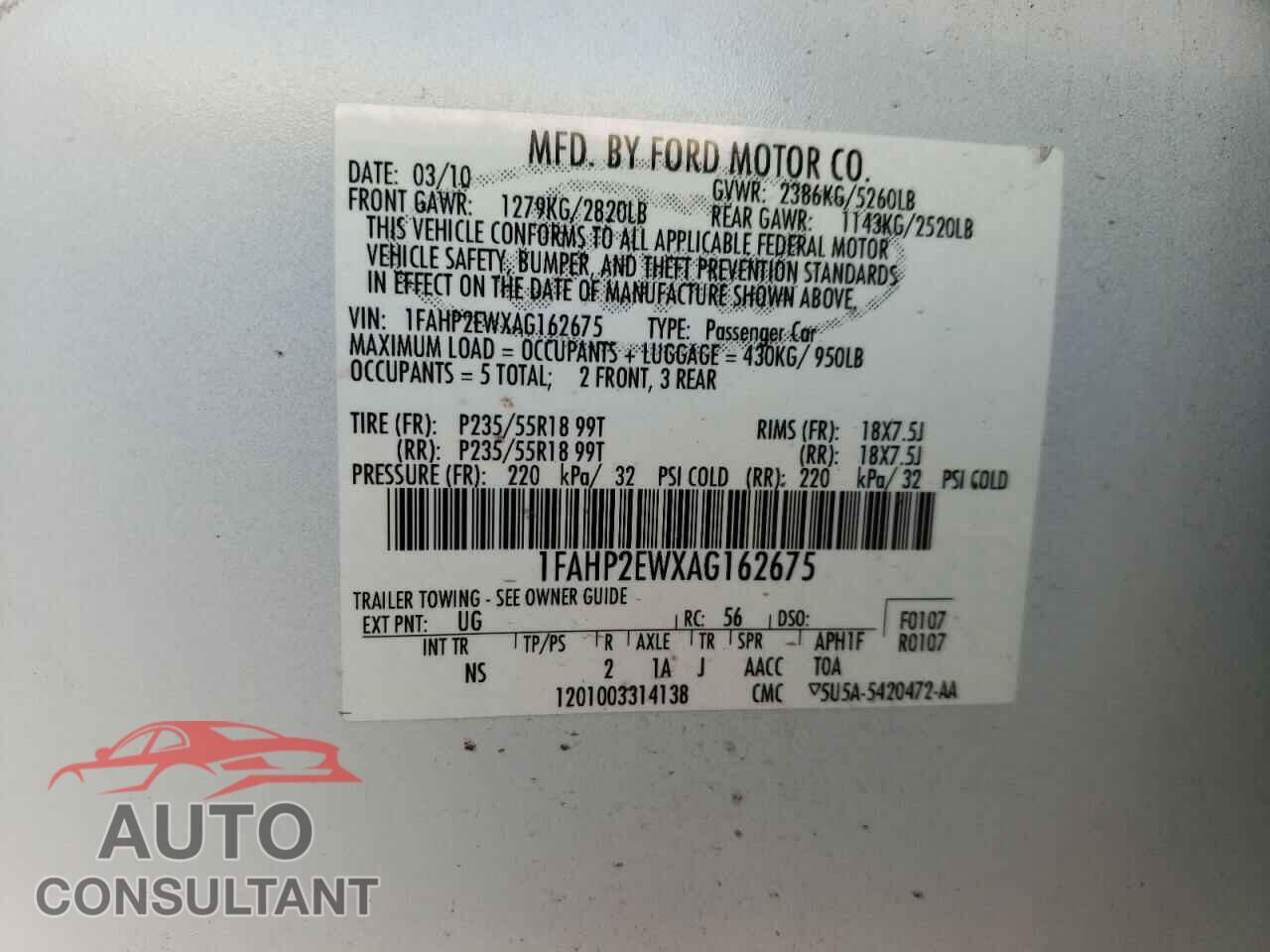 FORD TAURUS 2010 - 1FAHP2EWXAG162675