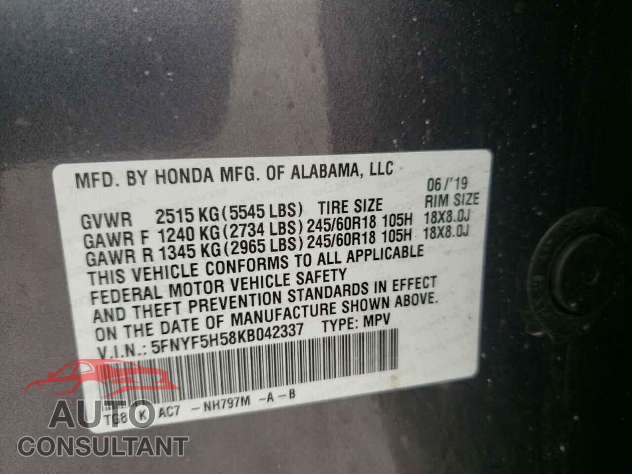 HONDA PILOT 2019 - 5FNYF5H58KB042337