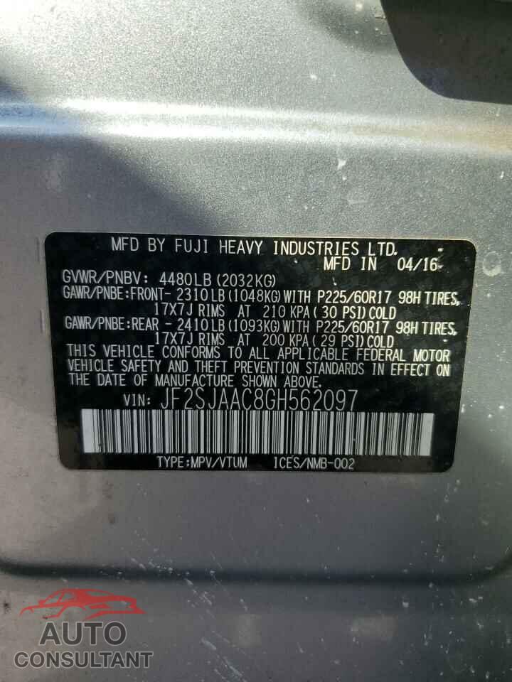 SUBARU FORESTER 2016 - JF2SJAAC8GH562097