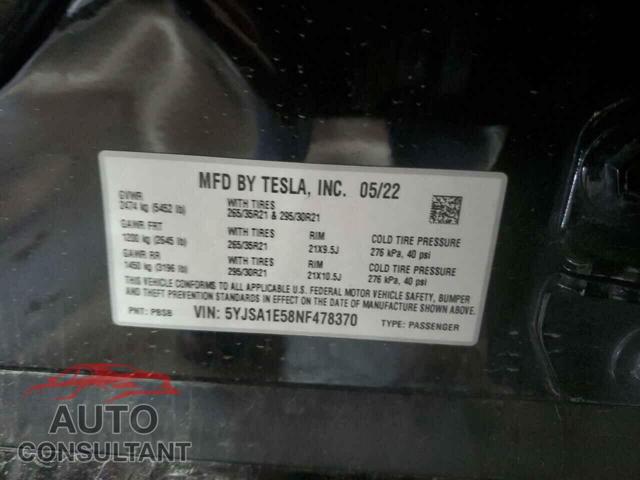 TESLA MODEL S 2022 - 5YJSA1E58NF478370
