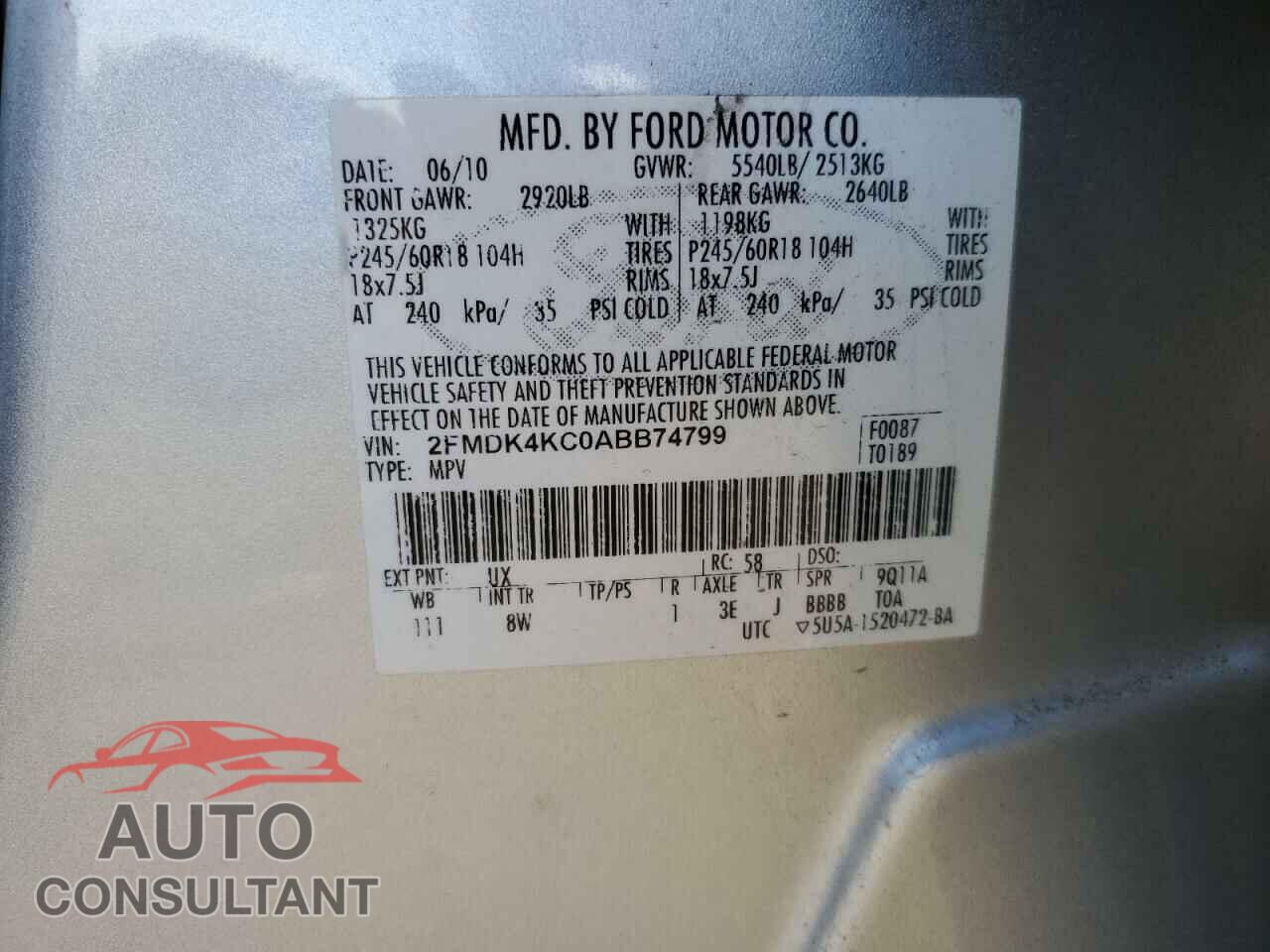 FORD EDGE 2010 - 2FMDK4KC0ABB74799