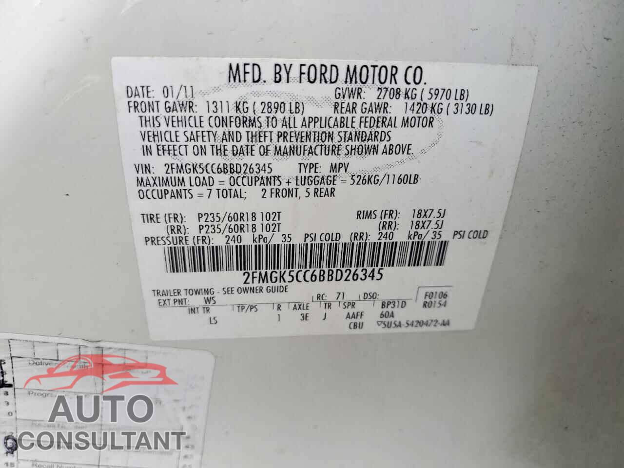 FORD FLEX 2011 - 2FMGK5CC6BBD26345