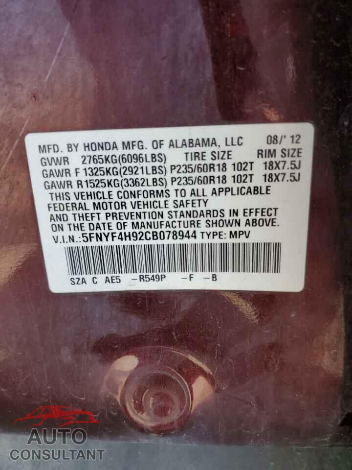 HONDA PILOT 2012 - 5FNYF4H92CB078944