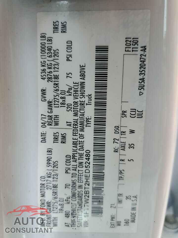 FORD F250 2017 - 1FT7W2BT2HED52480