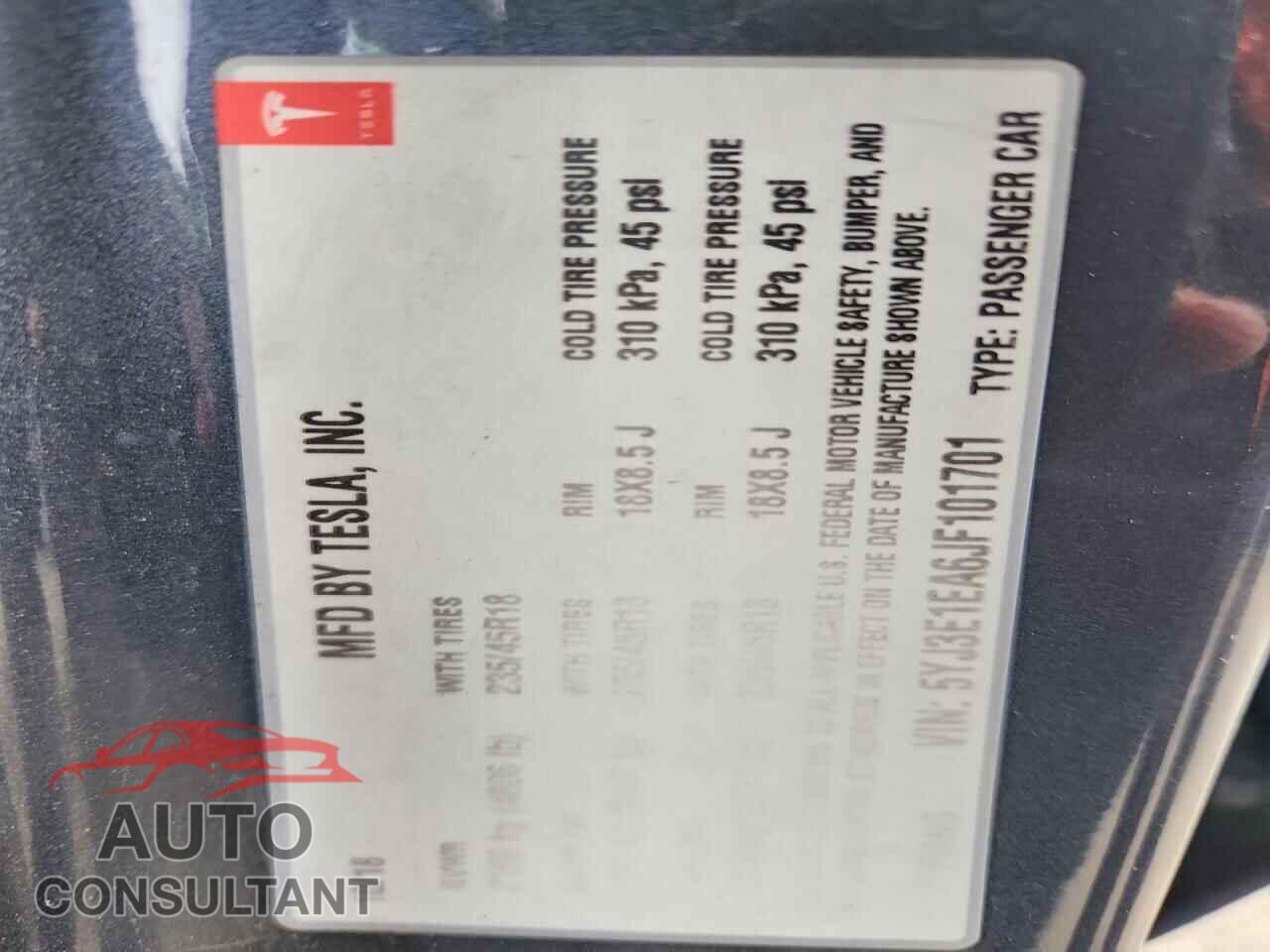 TESLA MODEL 3 2018 - 5YJ3E1EA6JF101701