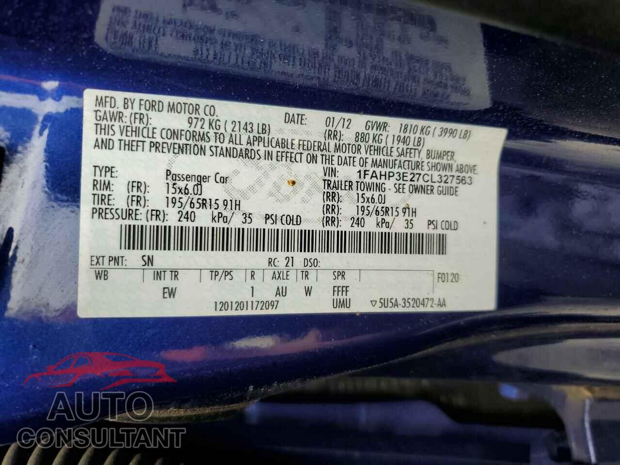FORD FOCUS 2012 - 1FAHP3E27CL327563