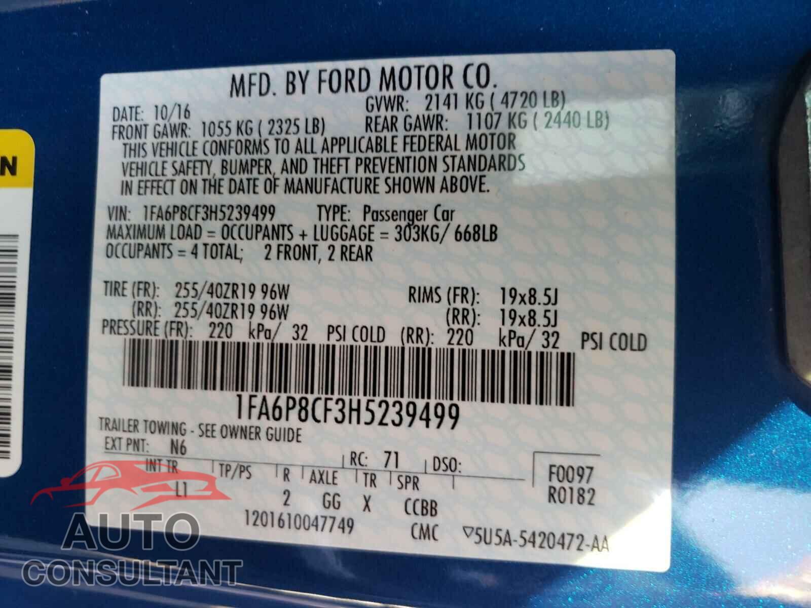 FORD MUSTANG 2017 - 1FA6P8CF3H5239499