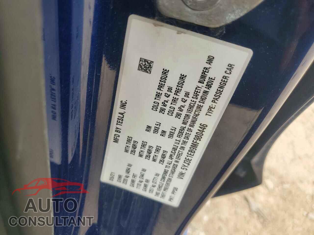 TESLA MODEL 3 2021 - 5YJ3E1EB9MF980446
