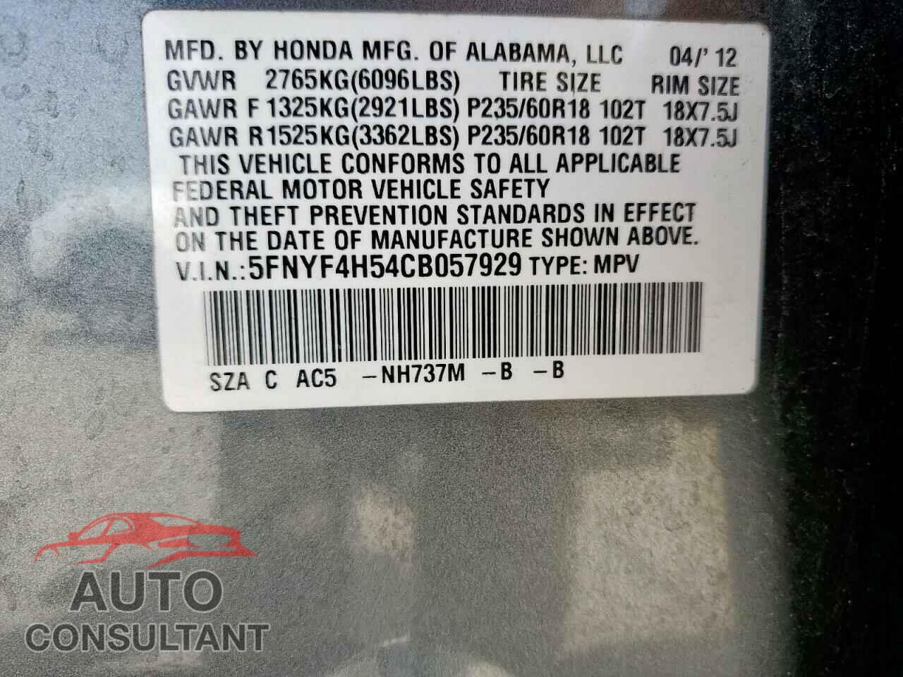 HONDA PILOT 2012 - 5FNYF4H54CB057929