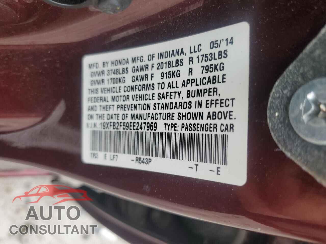 HONDA CIVIC 2014 - 19XFB2F59EE247969